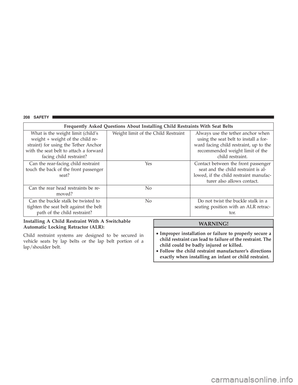 CHRYSLER 300 2019 Owners Manual Frequently Asked Questions About Installing Child Restraints With Seat Belts
What is the weight limit (child’s weight + weight of the child re-
straint) for using the Tether Anchor
with the seat bel CHRYSLER 300 2019 Owners Manual Frequently Asked Questions About Installing Child Restraints With Seat Belts
What is the weight limit (child’s weight + weight of the child re-
straint) for using the Tether Anchor
with the seat bel