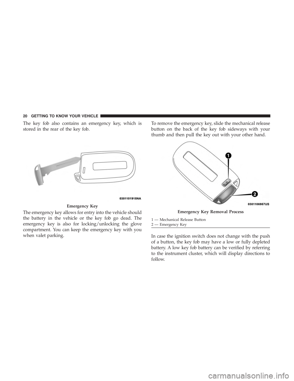 CHRYSLER 300 2019  Owners Manual The key fob also contains an emergency key, which is
stored in the rear of the key fob.
The emergency key allows for entry into the vehicle should
the battery in the vehicle or the key fob go dead. Th