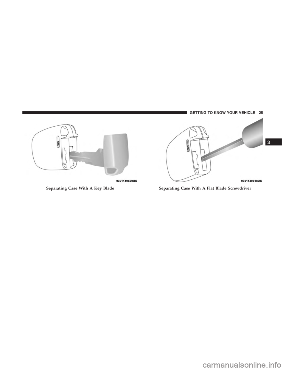 CHRYSLER 300 2019 Owners Manual Separating Case With A Key BladeSeparating Case With A Flat Blade Screwdriver
3
GETTING TO KNOW YOUR VEHICLE 25 
