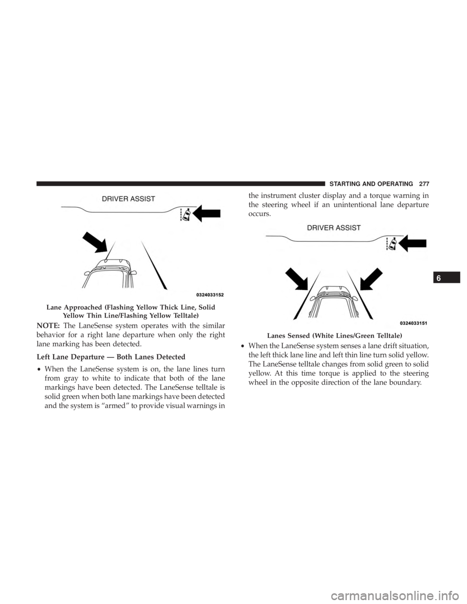 CHRYSLER 300 2019  Owners Manual NOTE:The LaneSense system operates with the similar
behavior for a right lane departure when only the right
lane marking has been detected.
Left Lane Departure — Both Lanes Detected
• When the Lan