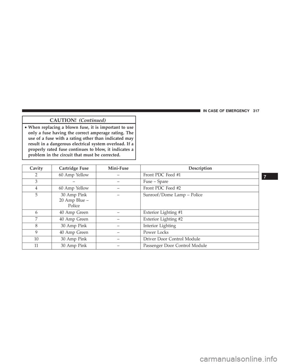 CHRYSLER 300 2019  Owners Manual CAUTION!(Continued)
•When replacing a blown fuse, it is important to use
only a fuse having the correct amperage rating. The
use of a fuse with a rating other than indicated may
result in a dangerou