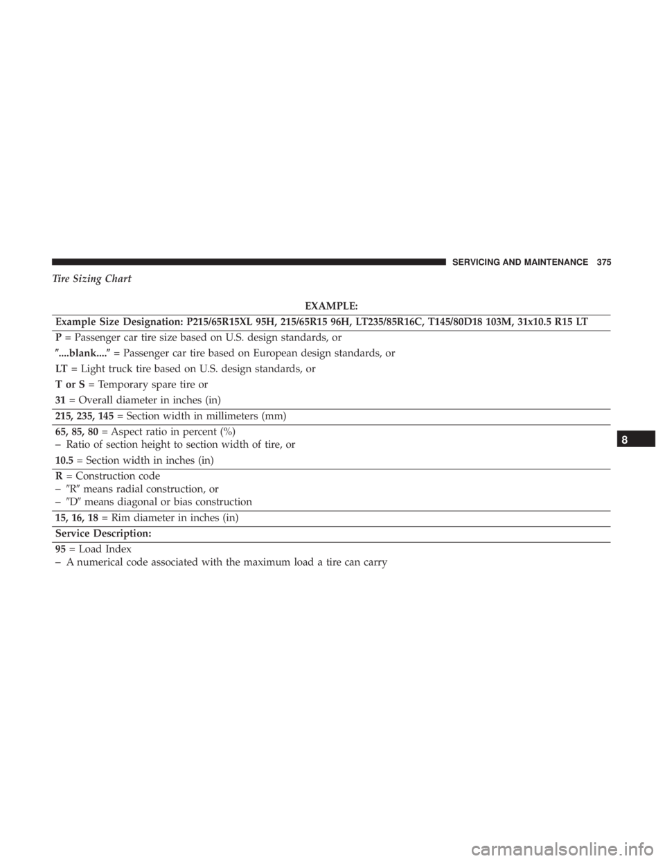 CHRYSLER 300 2019  Owners Manual Tire Sizing Chart
EXAMPLE:
Example Size Designation: P215/65R15XL 95H, 215/65R15 96H, LT235/85R16C, T145/80D18 103M, 31x10.5 R15 LT
P = Passenger car tire size based on U.S. design standards, or
....