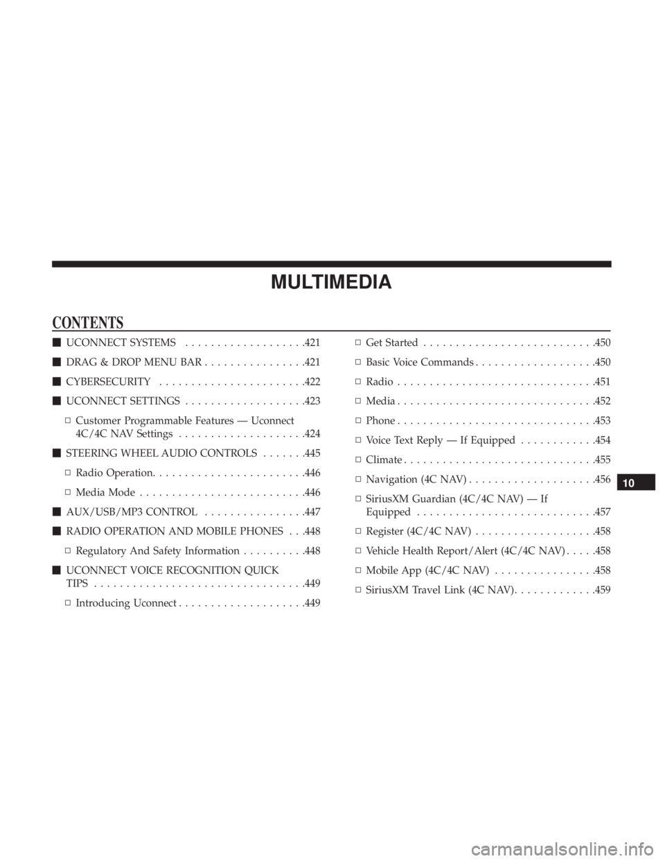 CHRYSLER 300 2019  Owners Manual MULTIMEDIA
CONTENTS
UCONNECT SYSTEMS ...................421
 DRAG & DROP MENU BAR ................421
 CYBERSECURITY ...................... .422
 UCONNECT SETTINGS ...................423
▫ Custo