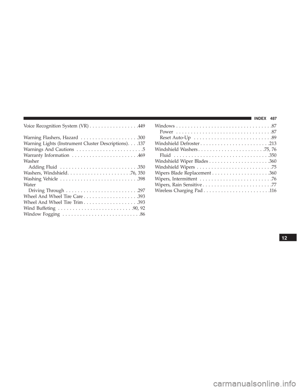 CHRYSLER 300 2019 Owners Manual Voice Recognition System (VR).................449
Warning Flashers, Hazard ....................300
Warning Lights (Instrument Cluster Descriptions) . . . .137
Warnings And Cautions ................... CHRYSLER 300 2019 Owners Manual Voice Recognition System (VR).................449
Warning Flashers, Hazard ....................300
Warning Lights (Instrument Cluster Descriptions) . . . .137
Warnings And Cautions ...................