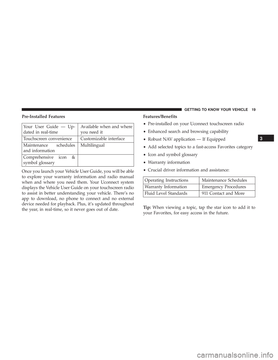 CHRYSLER PACIFICA 2019 Owners Manual Pre-Installed Features
Your User Guide — Up-
dated in real-timeAvailable when and where
you need it
Touchscreen convenience Customizable interface
Maintenance schedules
and information Multilingual
