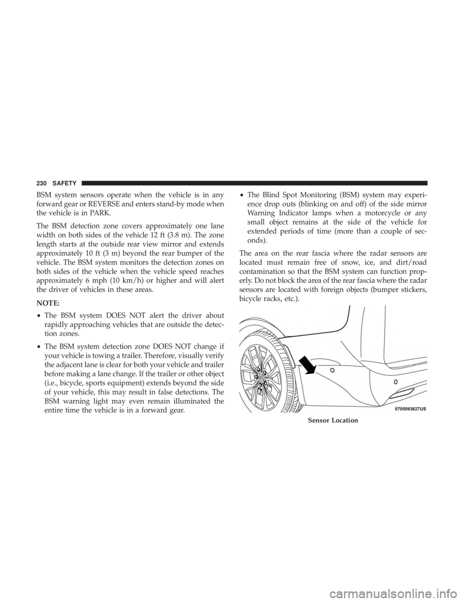 CHRYSLER PACIFICA 2019  Owners Manual BSM system sensors operate when the vehicle is in any
forward gear or REVERSE and enters stand-by mode when
the vehicle is in PARK.
The BSM detection zone covers approximately one lane
width on both s