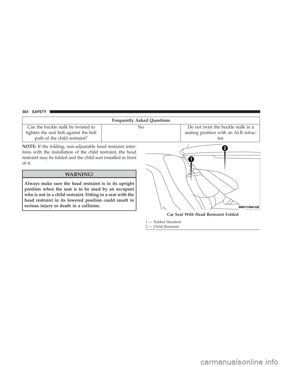 CHRYSLER PACIFICA 2019 Owners Manual Frequently Asked Questions
Can the buckle stalk be twisted to
tighten the seat belt against the belt path of the child restraint? No
Do not twist the buckle stalk in a
seating position with an ALR ret CHRYSLER PACIFICA 2019 Owners Manual Frequently Asked Questions
Can the buckle stalk be twisted to
tighten the seat belt against the belt path of the child restraint? No
Do not twist the buckle stalk in a
seating position with an ALR ret