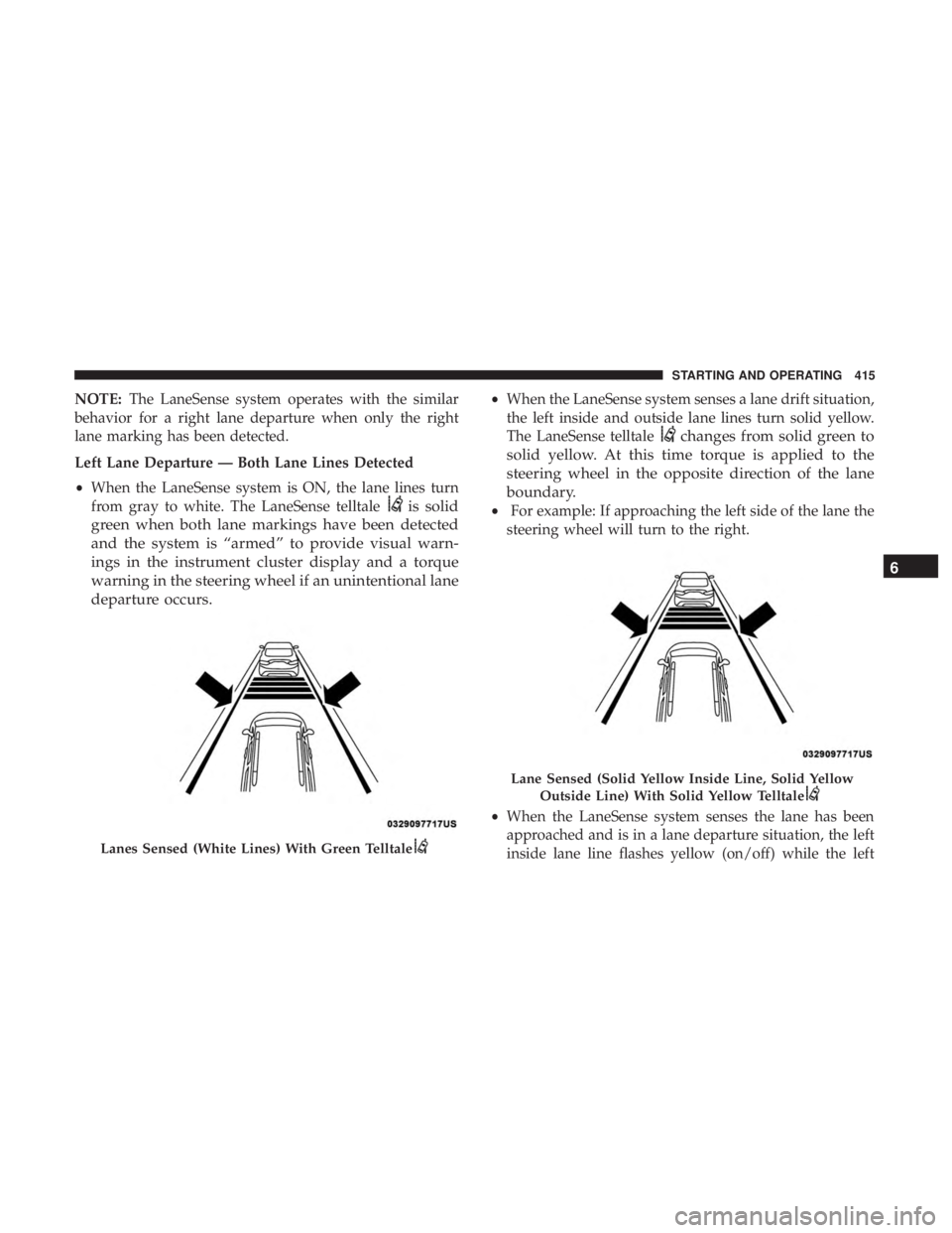 CHRYSLER PACIFICA 2019 Owners Manual NOTE:The LaneSense system operates with the similar
behavior for a right lane departure when only the right
lane marking has been detected.
Left Lane Departure — Both Lane Lines Detected
• When th CHRYSLER PACIFICA 2019 Owners Manual NOTE:The LaneSense system operates with the similar
behavior for a right lane departure when only the right
lane marking has been detected.
Left Lane Departure — Both Lane Lines Detected
• When th