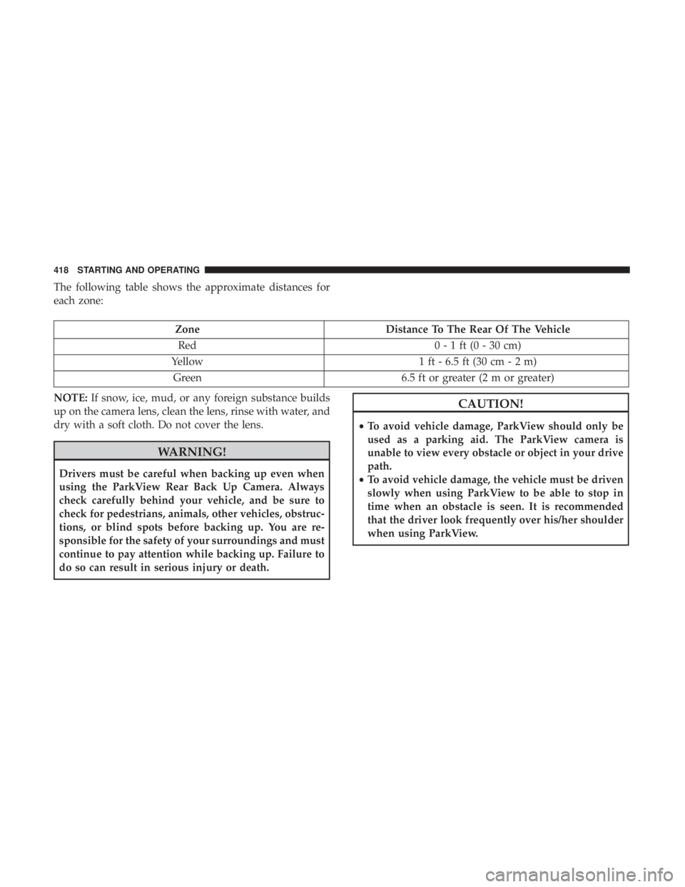 CHRYSLER PACIFICA 2019 Owners Manual The following table shows the approximate distances for
each zone:
ZoneDistance To The Rear Of The Vehicle
Red 0 - 1 ft (0 - 30 cm)
Yellow 1 ft - 6.5 ft (30 cm - 2 m)
Green 6.5 ft or greater (2 m or g CHRYSLER PACIFICA 2019 Owners Manual The following table shows the approximate distances for
each zone:
ZoneDistance To The Rear Of The Vehicle
Red 0 - 1 ft (0 - 30 cm)
Yellow 1 ft - 6.5 ft (30 cm - 2 m)
Green 6.5 ft or greater (2 m or g