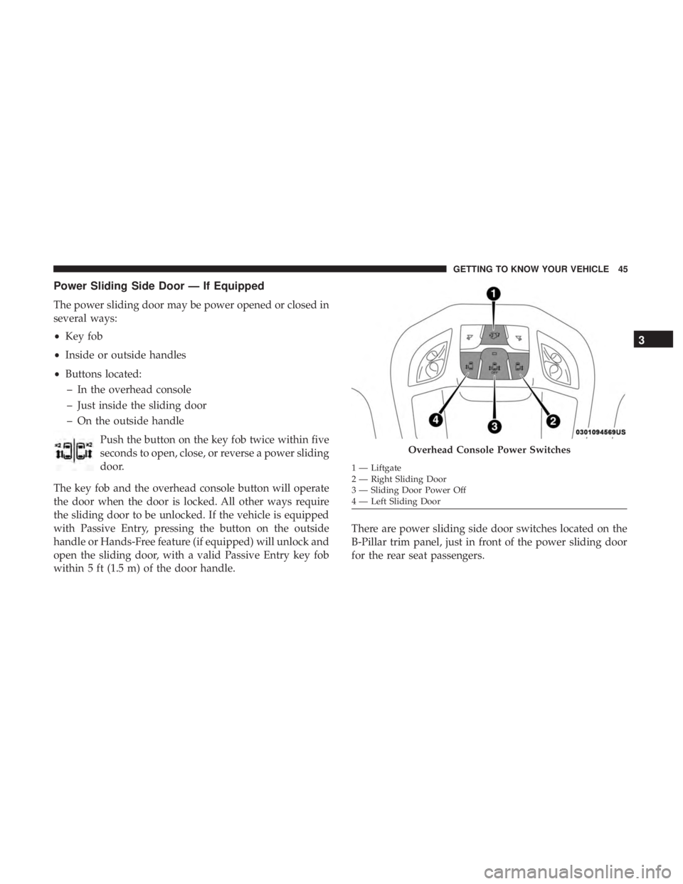 CHRYSLER PACIFICA 2019 Service Manual Power Sliding Side Door — If Equipped
The power sliding door may be power opened or closed in
several ways:
•Key fob
• Inside or outside handles
• Buttons located:
– In the overhead console
CHRYSLER PACIFICA 2019 Service Manual Power Sliding Side Door — If Equipped
The power sliding door may be power opened or closed in
several ways:
•Key fob
• Inside or outside handles
• Buttons located:
– In the overhead console