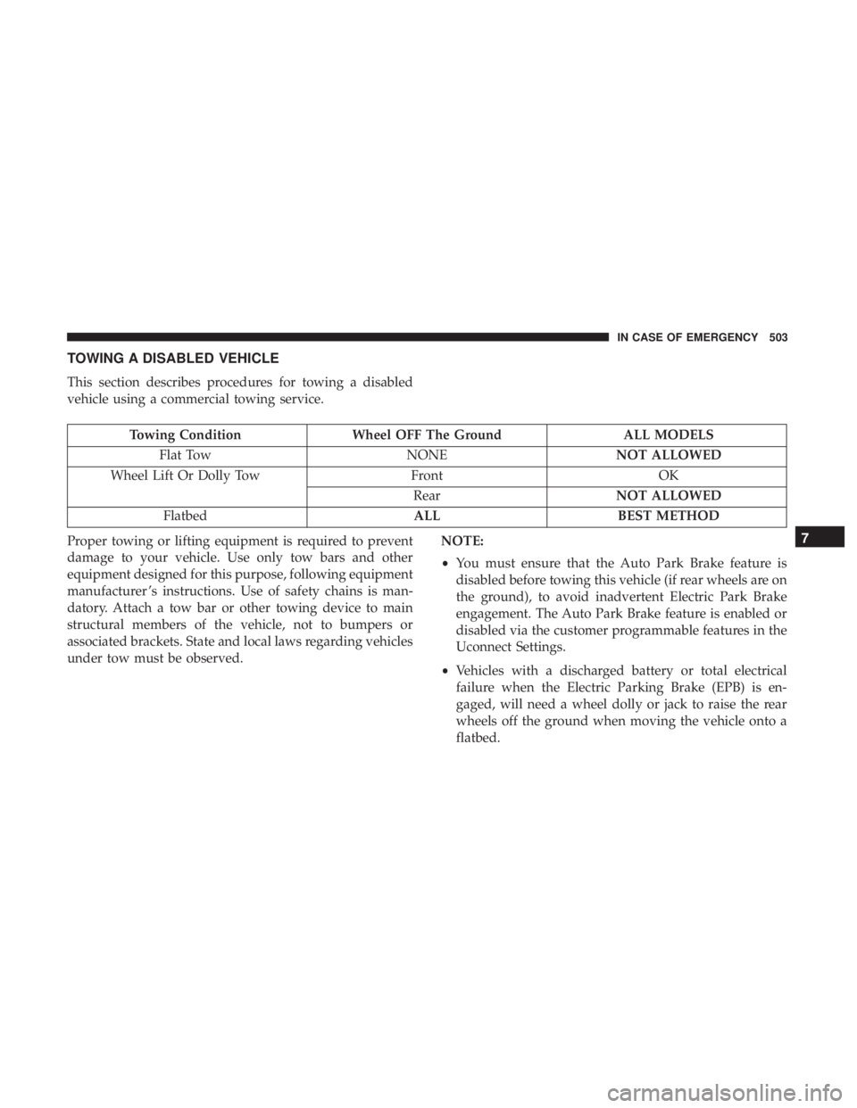 CHRYSLER PACIFICA 2019 Service Manual TOWING A DISABLED VEHICLE
This section describes procedures for towing a disabled
vehicle using a commercial towing service.
Towing ConditionWheel OFF The Ground ALL MODELS
Flat Tow NONENOT ALLOWED
Wh