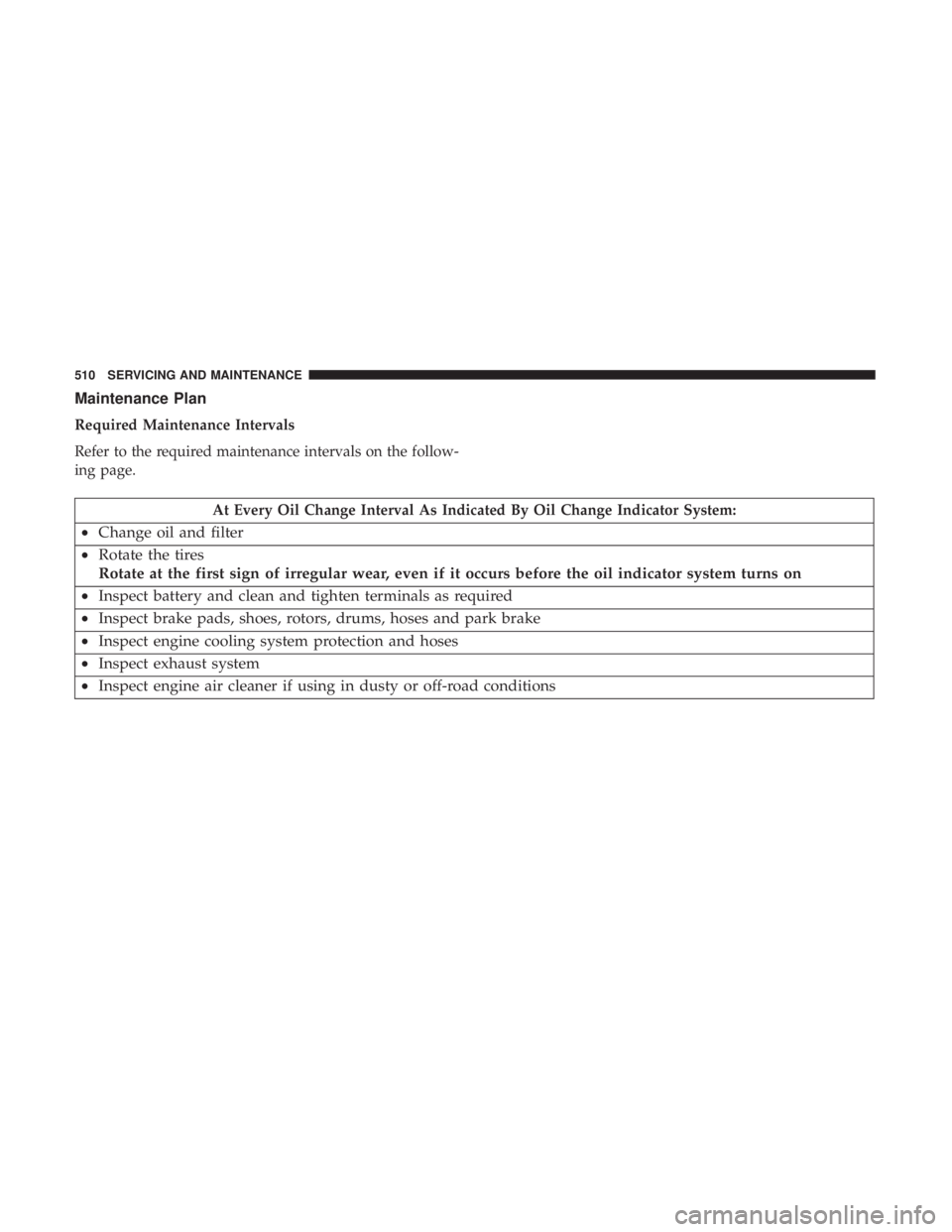 CHRYSLER PACIFICA 2019 Owners Manual Maintenance Plan
Required Maintenance Intervals
Refer to the required maintenance intervals on the follow-
ing page.
At Every Oil Change Interval As Indicated By Oil Change Indicator System:
•Change CHRYSLER PACIFICA 2019 Owners Manual Maintenance Plan
Required Maintenance Intervals
Refer to the required maintenance intervals on the follow-
ing page.
At Every Oil Change Interval As Indicated By Oil Change Indicator System:
•Change