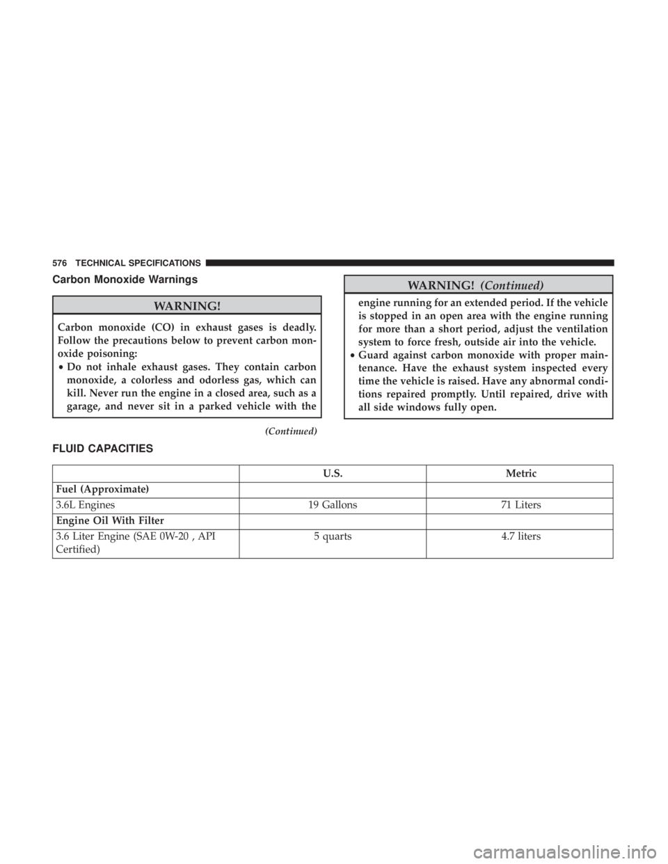 CHRYSLER PACIFICA 2019  Owners Manual Carbon Monoxide Warnings
WARNING!
Carbon monoxide (CO) in exhaust gases is deadly.
Follow the precautions below to prevent carbon mon-
oxide poisoning:
•Do not inhale exhaust gases. They contain car