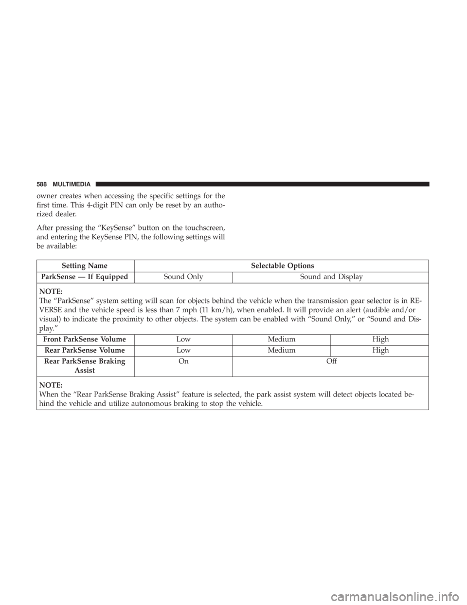 CHRYSLER PACIFICA 2019  Owners Manual owner creates when accessing the specific settings for the
first time. This 4-digit PIN can only be reset by an autho-
rized dealer.
After pressing the “KeySense” button on the touchscreen,
and en