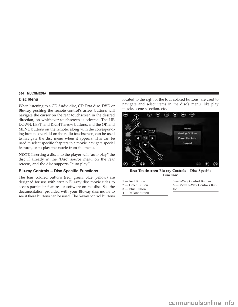 CHRYSLER PACIFICA 2019 Owners Manual Disc Menu
When listening to a CD Audio disc, CD Data disc, DVD or
Blu-ray, pushing the remote control’s arrow buttons will
navigate the cursor on the rear touchscreen in the desired
direction, on wh CHRYSLER PACIFICA 2019 Owners Manual Disc Menu
When listening to a CD Audio disc, CD Data disc, DVD or
Blu-ray, pushing the remote control’s arrow buttons will
navigate the cursor on the rear touchscreen in the desired
direction, on wh