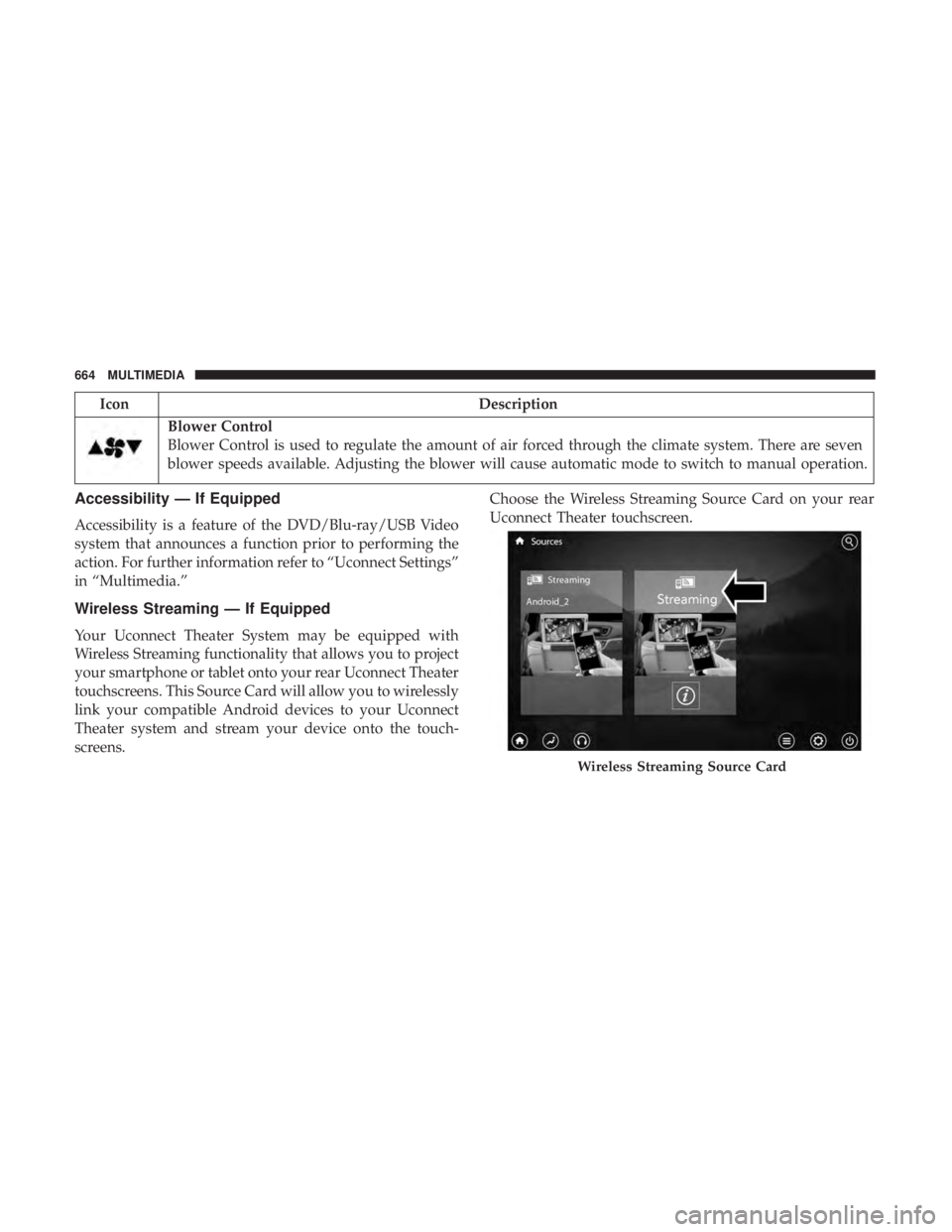 CHRYSLER PACIFICA 2019 Owners Manual IconDescription
Blower Control
Blower Control is used to regulate the amount of air forced through the climate system. There are seven
blower speeds available. Adjusting the blower will cause automati CHRYSLER PACIFICA 2019 Owners Manual IconDescription
Blower Control
Blower Control is used to regulate the amount of air forced through the climate system. There are seven
blower speeds available. Adjusting the blower will cause automati