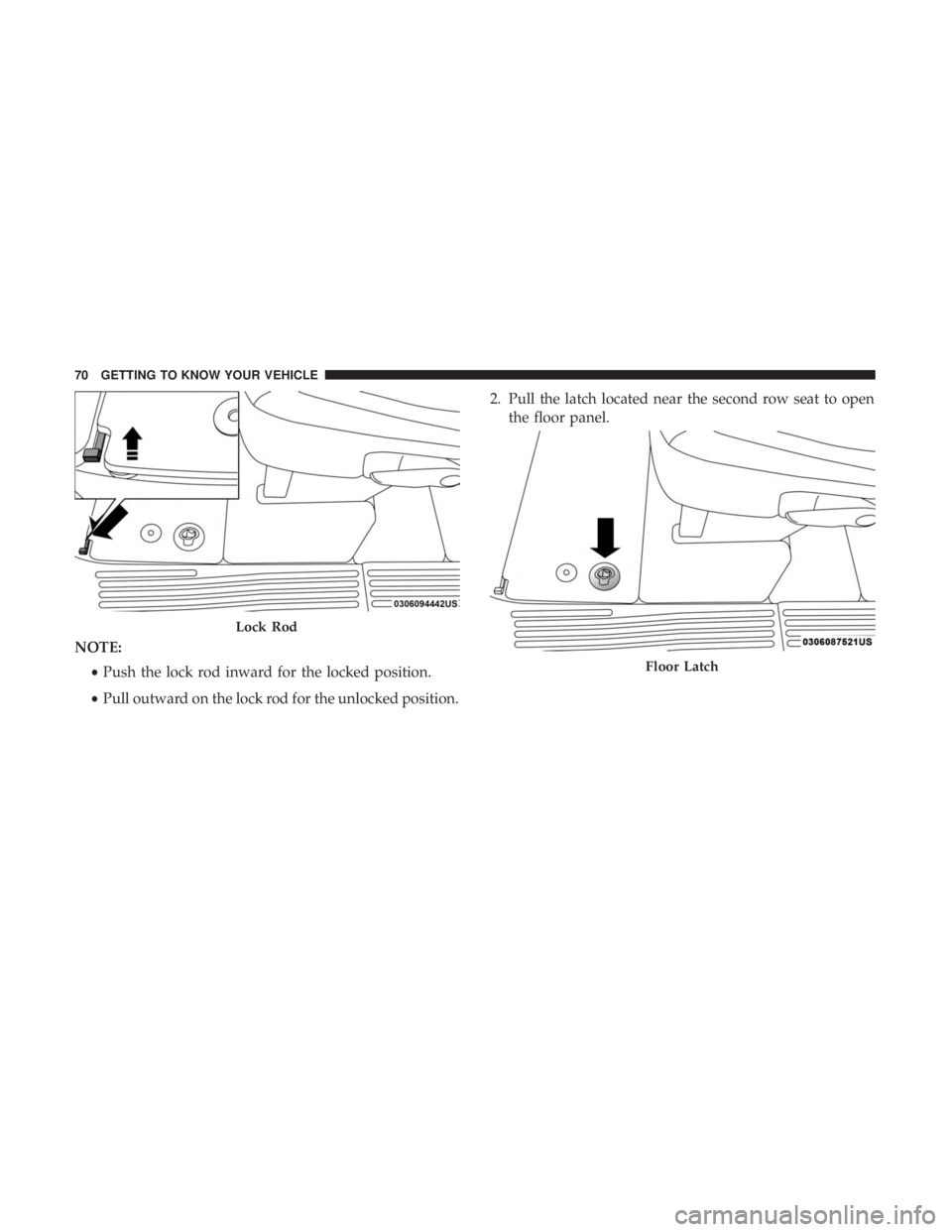 CHRYSLER PACIFICA 2019  Owners Manual NOTE:•Push the lock rod inward for the locked position.
• Pull outward on the lock rod for the unlocked position. 2. Pull the latch located near the second row seat to open
the floor panel.
Lock R