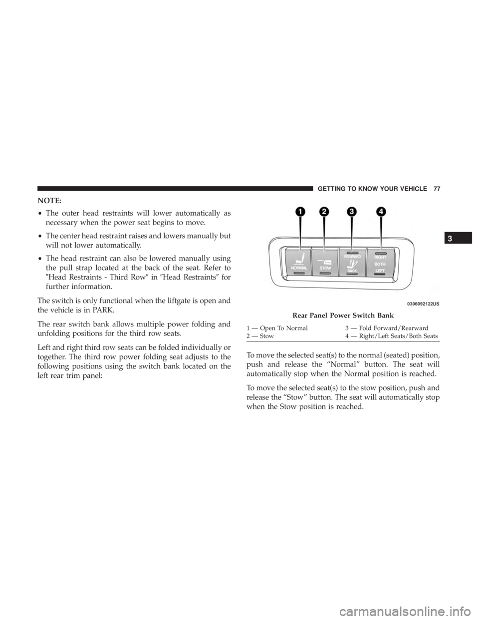 CHRYSLER PACIFICA 2019 Owners Manual NOTE:
•The outer head restraints will lower automatically as
necessary when the power seat begins to move.
• The center head restraint raises and lowers manually but
will not lower automatically.
CHRYSLER PACIFICA 2019 Owners Manual NOTE:
•The outer head restraints will lower automatically as
necessary when the power seat begins to move.
• The center head restraint raises and lowers manually but
will not lower automatically.