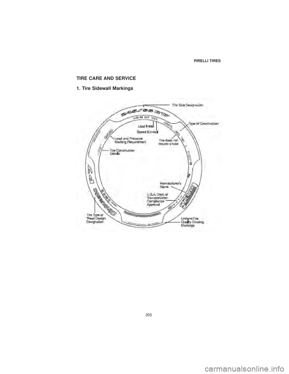 CHRYSLER PACIFICA 2019  Vehicle Warranty TIRE CARE AND SERVICE
1. Tire Sidewall Markings
PIRELLI TIRES
205 
