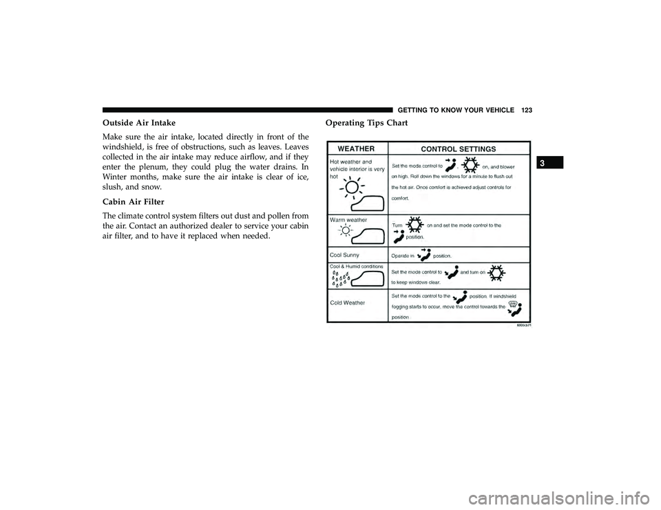 CHRYSLER PACIFICA HYBRID 2019  Owners Manual Outside Air Intake
Make sure the air intake, located directly in front of the
windshield, is free of obstructions, such as leaves. Leaves
collected in the air intake may reduce airflow, and if they
en