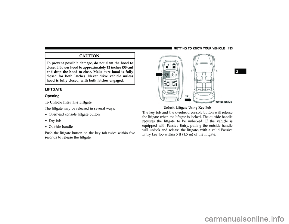 CHRYSLER PACIFICA HYBRID 2019  Owners Manual CAUTION!
To prevent possible damage, do not slam the hood to
close it. Lower hood to approximately 12 inches (30 cm)
and drop the hood to close. Make sure hood is fully
closed for both latches. Never 