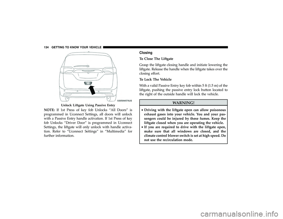 CHRYSLER PACIFICA HYBRID 2019 Owners Manual NOTE:If 1st Press of key fob Unlocks “All Doors” is
programmed in Uconnect Settings, all doors will unlock
with a Passive Entry handle activation. If 1st Press of key
fob Unlocks “Driver Door”