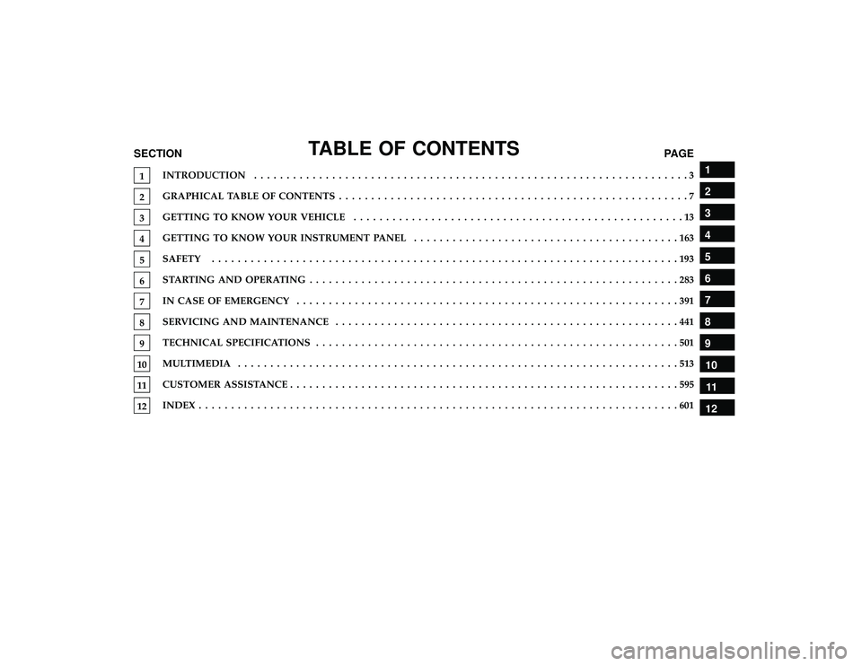 CHRYSLER PACIFICA HYBRID 2019  Owners Manual TABLE OF CONTENTSSECTIONPAGE
1INTRODUCTION
...................................................................3
2GRAPHICAL TABLE OF CONTENTS
......................................................7
3GE