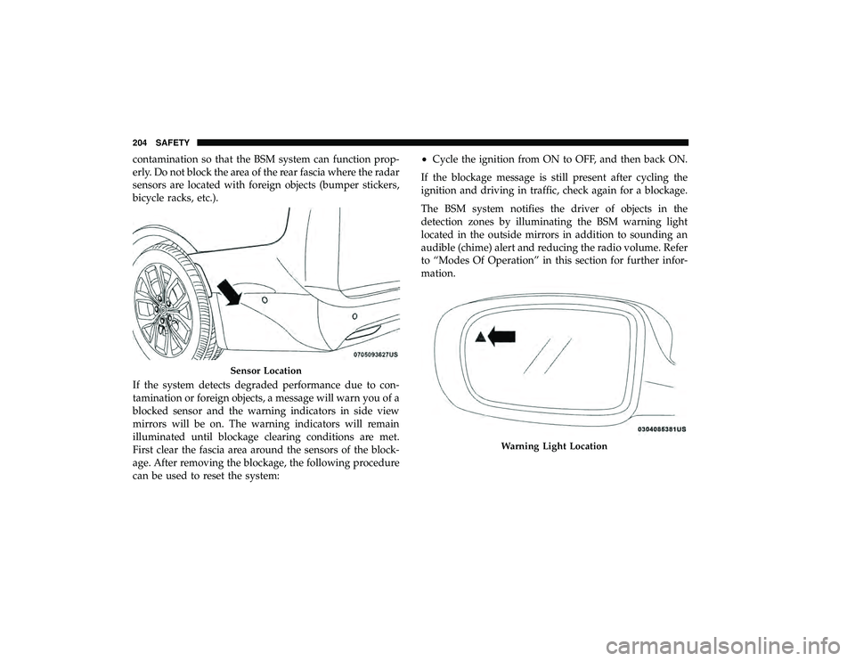 CHRYSLER PACIFICA HYBRID 2019  Owners Manual contamination so that the BSM system can function prop-
erly. Do not block the area of the rear fascia where the radar
sensors are located with foreign objects (bumper stickers,
bicycle racks, etc.).
