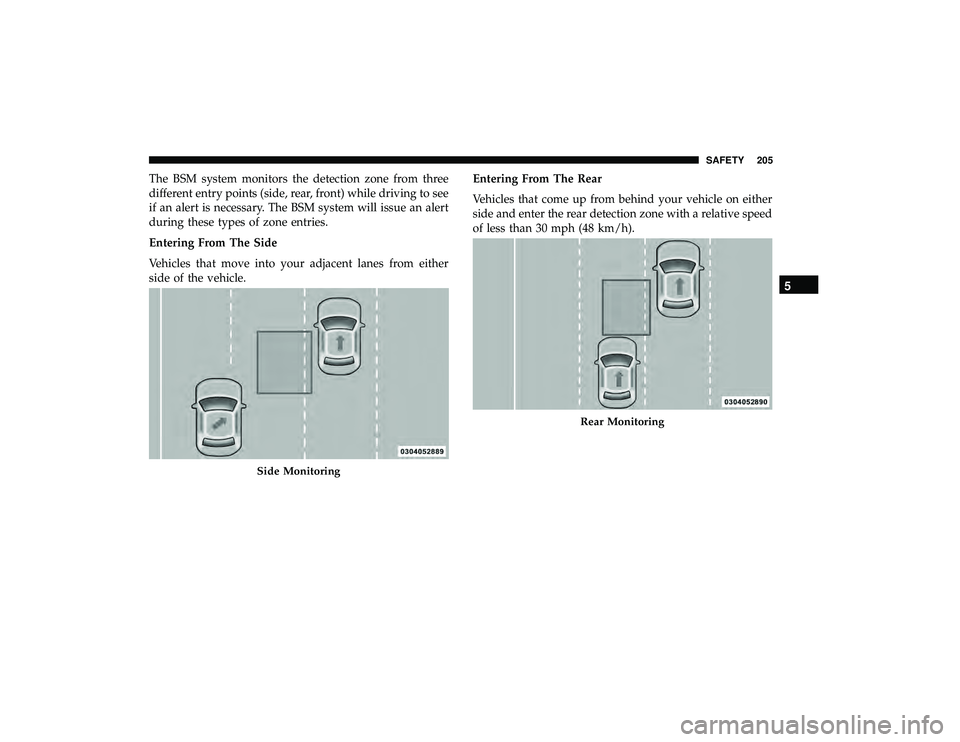 CHRYSLER PACIFICA HYBRID 2019 Owners Manual The BSM system monitors the detection zone from three
different entry points (side, rear, front) while driving to see
if an alert is necessary. The BSM system will issue an alert
during these types of CHRYSLER PACIFICA HYBRID 2019 Owners Manual The BSM system monitors the detection zone from three
different entry points (side, rear, front) while driving to see
if an alert is necessary. The BSM system will issue an alert
during these types of