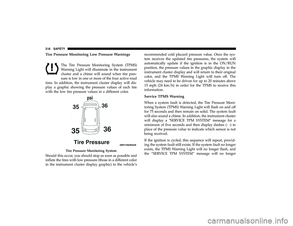 CHRYSLER PACIFICA HYBRID 2019 Owners Manual Tire Pressure Monitoring Low Pressure Warnings
The Tire Pressure Monitoring System (TPMS)
Warning Light will illuminate in the instrument
cluster and a chime will sound when tire pres-
sure is low in CHRYSLER PACIFICA HYBRID 2019 Owners Manual Tire Pressure Monitoring Low Pressure Warnings
The Tire Pressure Monitoring System (TPMS)
Warning Light will illuminate in the instrument
cluster and a chime will sound when tire pres-
sure is low in