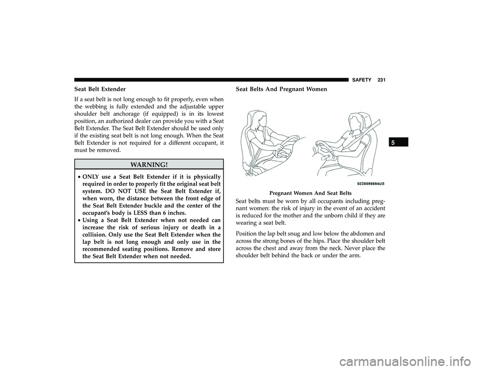 CHRYSLER PACIFICA HYBRID 2019 Owners Manual Seat Belt Extender
If a seat belt is not long enough to fit properly, even when
the webbing is fully extended and the adjustable upper
shoulder belt anchorage (if equipped) is in its lowest
position, CHRYSLER PACIFICA HYBRID 2019 Owners Manual Seat Belt Extender
If a seat belt is not long enough to fit properly, even when
the webbing is fully extended and the adjustable upper
shoulder belt anchorage (if equipped) is in its lowest
position,