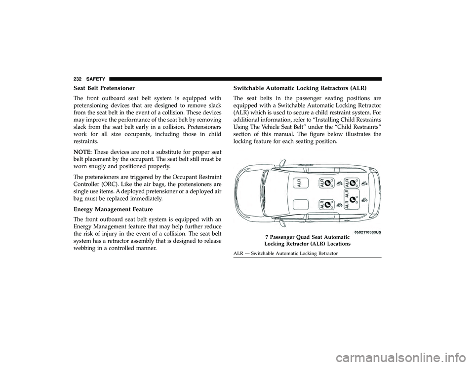 CHRYSLER PACIFICA HYBRID 2019 Owners Manual Seat Belt Pretensioner
The front outboard seat belt system is equipped with
pretensioning devices that are designed to remove slack
from the seat belt in the event of a collision. These devices
may im CHRYSLER PACIFICA HYBRID 2019 Owners Manual Seat Belt Pretensioner
The front outboard seat belt system is equipped with
pretensioning devices that are designed to remove slack
from the seat belt in the event of a collision. These devices
may im