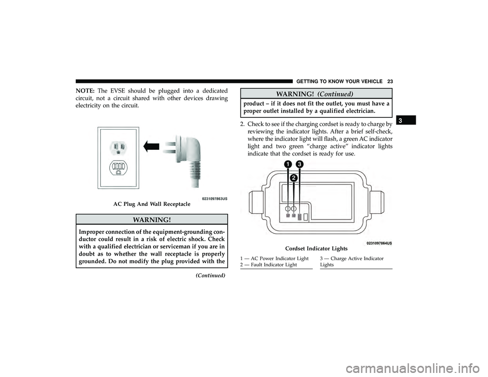 CHRYSLER PACIFICA HYBRID 2019 Owners Manual NOTE:The EVSE should be plugged into a dedicated
circuit, not a circuit shared with other devices drawing
electricity on the circuit.
WARNING!
Improper connection of the equipment-grounding con-
ducto CHRYSLER PACIFICA HYBRID 2019 Owners Manual NOTE:The EVSE should be plugged into a dedicated
circuit, not a circuit shared with other devices drawing
electricity on the circuit.
WARNING!
Improper connection of the equipment-grounding con-
ducto