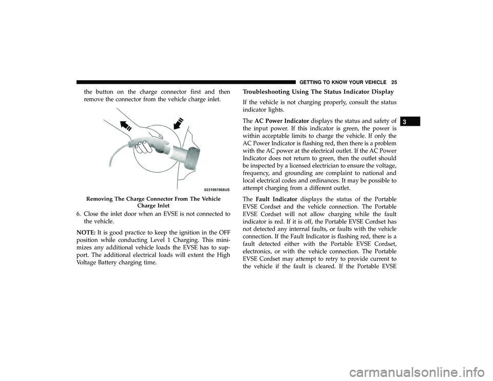CHRYSLER PACIFICA HYBRID 2019 Owners Manual the button on the charge connector first and then
remove the connector from the vehicle charge inlet.
6. Close the inlet door when an EVSE is not connected to the vehicle.
NOTE: It is good practice to CHRYSLER PACIFICA HYBRID 2019 Owners Manual the button on the charge connector first and then
remove the connector from the vehicle charge inlet.
6. Close the inlet door when an EVSE is not connected to the vehicle.
NOTE: It is good practice to