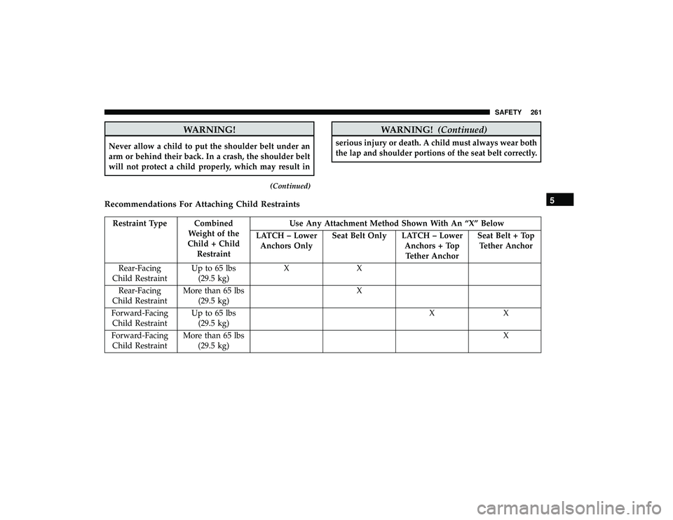CHRYSLER PACIFICA HYBRID 2019 Owners Manual WARNING!
Never allow a child to put the shoulder belt under an
arm or behind their back. In a crash, the shoulder belt
will not protect a child properly, which may result in
(Continued)
WARNING!(Conti CHRYSLER PACIFICA HYBRID 2019 Owners Manual WARNING!
Never allow a child to put the shoulder belt under an
arm or behind their back. In a crash, the shoulder belt
will not protect a child properly, which may result in
(Continued)
WARNING!(Conti