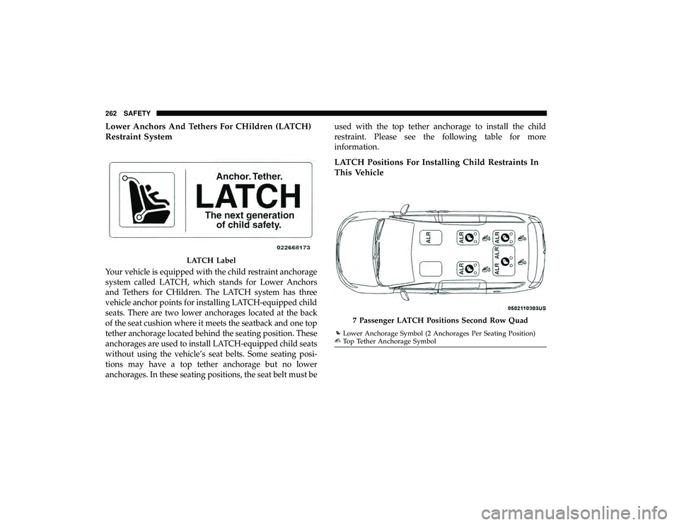 CHRYSLER PACIFICA HYBRID 2019 Owners Manual Lower Anchors And Tethers For CHildren (LATCH)
Restraint System
Your vehicle is equipped with the child restraint anchorage
system called LATCH, which stands for Lower Anchors
and Tethers for CHildren CHRYSLER PACIFICA HYBRID 2019 Owners Manual Lower Anchors And Tethers For CHildren (LATCH)
Restraint System
Your vehicle is equipped with the child restraint anchorage
system called LATCH, which stands for Lower Anchors
and Tethers for CHildren