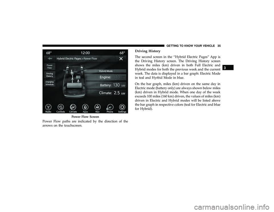 CHRYSLER PACIFICA HYBRID 2019 Owners Guide Power Flow paths are indicated by the direction of the
arrows on the touchscreen.
Driving History
The second screen in the “Hybrid Electric Pages” App is
the Driving History screen. The Driving Hi