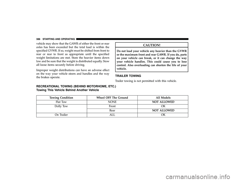 CHRYSLER PACIFICA HYBRID 2019 Owners Manual vehicle may show that the GAWR of either the front or rear
axles has been exceeded but the total load is within the
specified GVWR. If so, weight must be shifted from front to
rear or rear to front as CHRYSLER PACIFICA HYBRID 2019 Owners Manual vehicle may show that the GAWR of either the front or rear
axles has been exceeded but the total load is within the
specified GVWR. If so, weight must be shifted from front to
rear or rear to front as