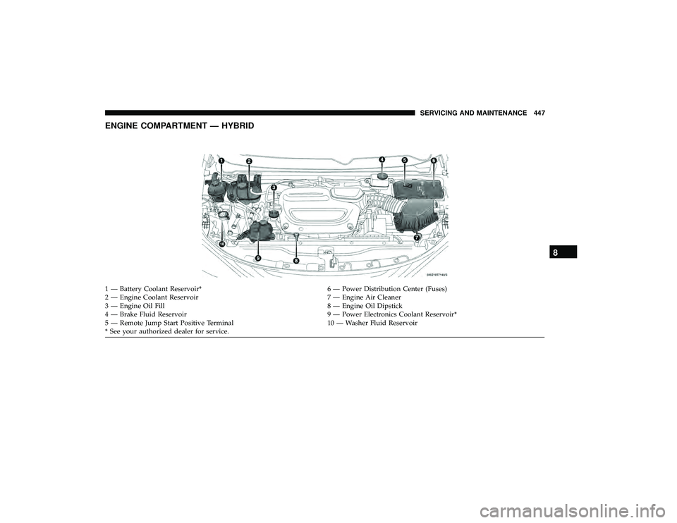 CHRYSLER PACIFICA HYBRID 2019  Owners Manual ENGINE COMPARTMENT — HYBRID
1 — Battery Coolant Reservoir*6 — Power Distribution Center (Fuses)
2 — Engine Coolant Reservoir 7 — Engine Air Cleaner
3 — Engine Oil Fill 8 — Engine Oil Dip