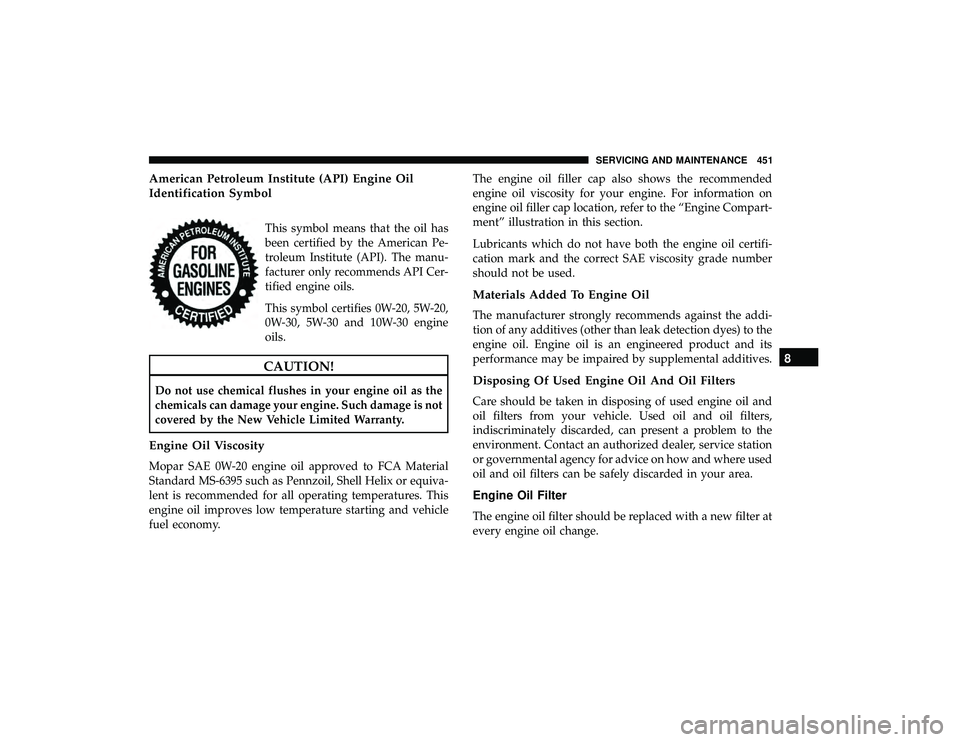 CHRYSLER PACIFICA HYBRID 2019  Owners Manual American Petroleum Institute (API) Engine Oil
Identification Symbol
This symbol means that the oil has
been certified by the American Pe-
troleum Institute (API). The manu-
facturer only recommends AP