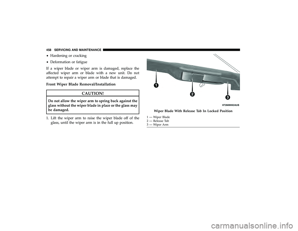 CHRYSLER PACIFICA HYBRID 2019 Owners Manual •Hardening or cracking
• Deformation or fatigue
If a wiper blade or wiper arm is damaged, replace the
affected wiper arm or blade with a new unit. Do not
attempt to repair a wiper arm or blade tha CHRYSLER PACIFICA HYBRID 2019 Owners Manual •Hardening or cracking
• Deformation or fatigue
If a wiper blade or wiper arm is damaged, replace the
affected wiper arm or blade with a new unit. Do not
attempt to repair a wiper arm or blade tha