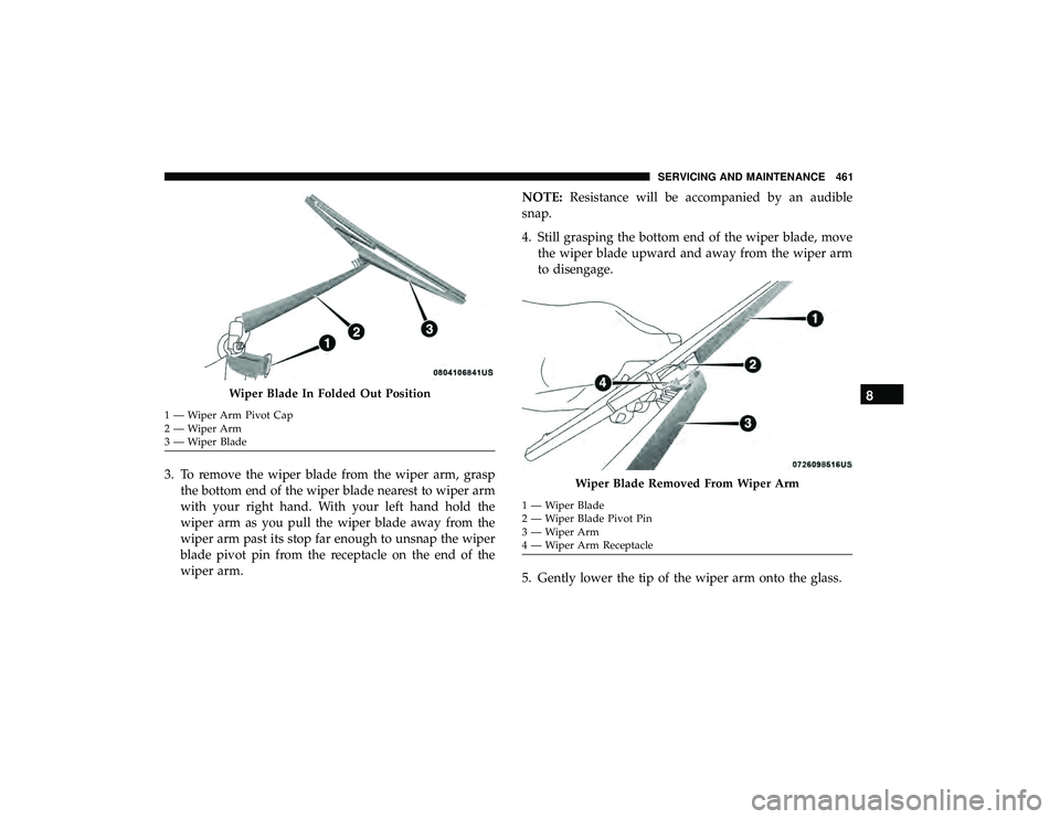 CHRYSLER PACIFICA HYBRID 2019  Owners Manual 3. To remove the wiper blade from the wiper arm, graspthe bottom end of the wiper blade nearest to wiper arm
with your right hand. With your left hand hold the
wiper arm as you pull the wiper blade aw