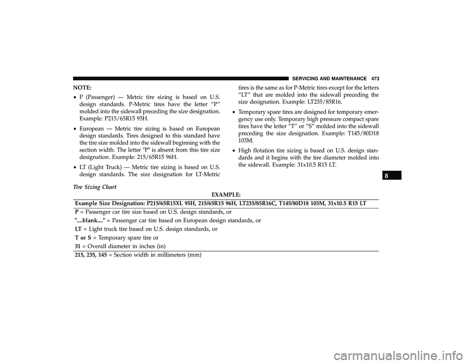 CHRYSLER PACIFICA HYBRID 2019  Owners Manual NOTE:
•P (Passenger) — Metric tire sizing is based on U.S.
design standards. P-Metric tires have the letter “P”
molded into the sidewall preceding the size designation.
Example: P215/65R15 95H