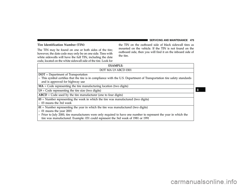 CHRYSLER PACIFICA HYBRID 2019  Owners Manual Tire Identification Number (TIN)
The TIN may be found on one or both sides of the tire;
however, the date code may only be on one side. Tires with
white sidewalls will have the full TIN, including the
