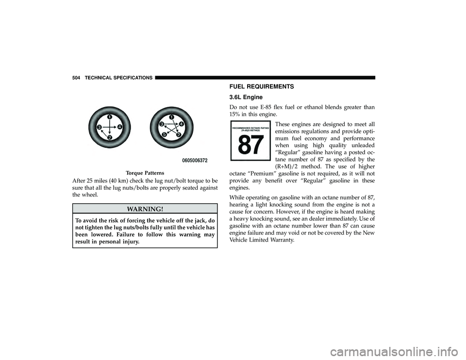 CHRYSLER PACIFICA HYBRID 2019  Owners Manual After 25 miles (40 km) check the lug nut/bolt torque to be
sure that all the lug nuts/bolts are properly seated against
the wheel.
WARNING!
To avoid the risk of forcing the vehicle off the jack, do
no