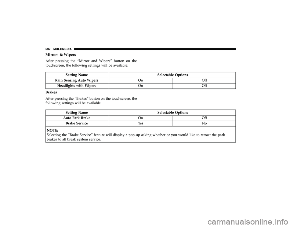 CHRYSLER PACIFICA HYBRID 2019 Owners Manual Mirrors & Wipers
After pressing the “Mirror and Wipers” button on the
touchscreen, the following settings will be available:
Setting NameSelectable Options
Rain Sensing Auto Wipers OnOff
Headlight CHRYSLER PACIFICA HYBRID 2019 Owners Manual Mirrors & Wipers
After pressing the “Mirror and Wipers” button on the
touchscreen, the following settings will be available:
Setting NameSelectable Options
Rain Sensing Auto Wipers OnOff
Headlight