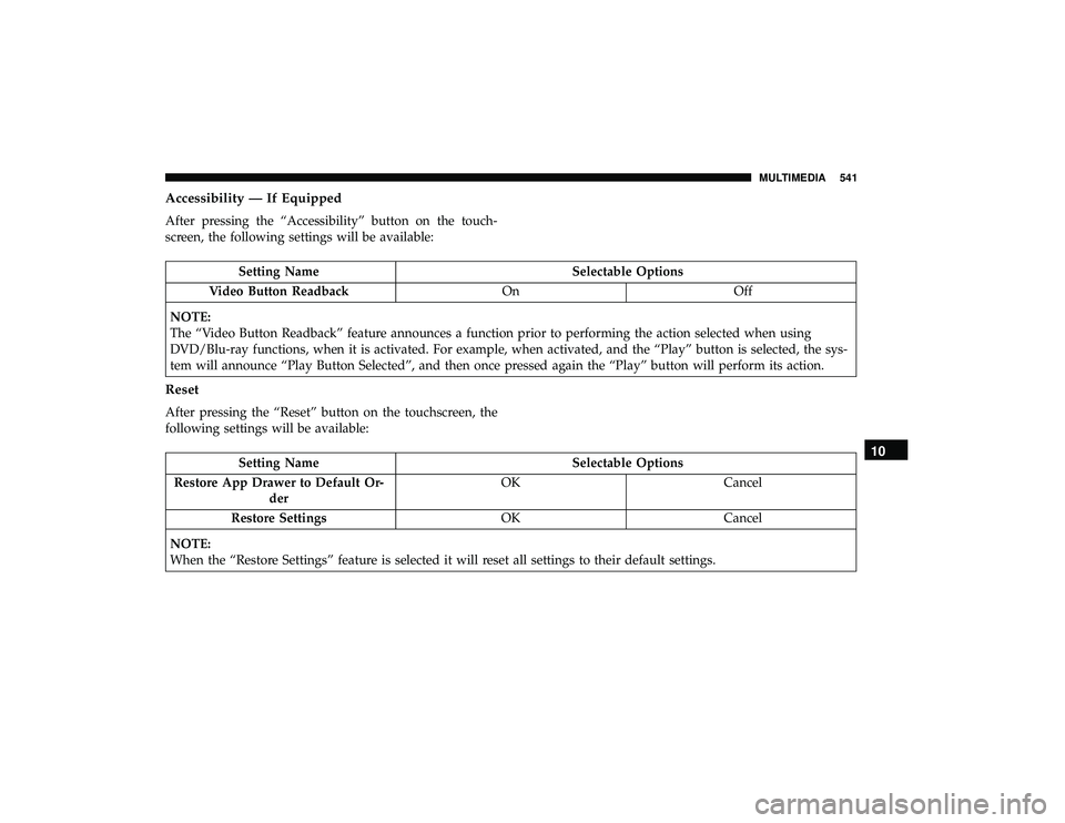 CHRYSLER PACIFICA HYBRID 2019  Owners Manual Accessibility — If Equipped
After pressing the “Accessibility” button on the touch-
screen, the following settings will be available:
Setting NameSelectable Options
Video Button Readback OnOff
N