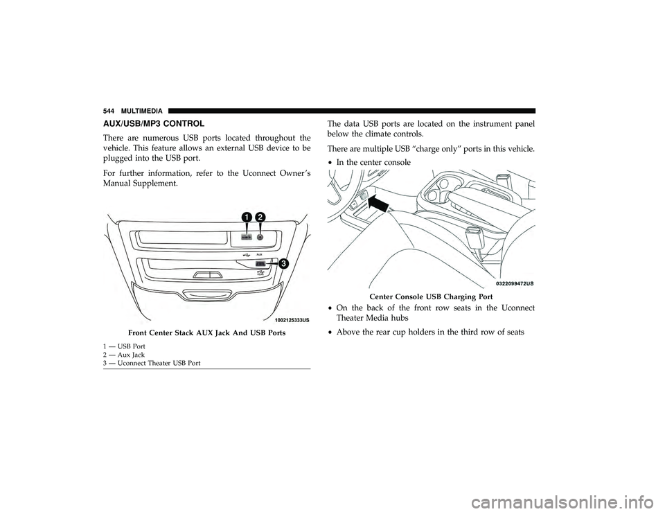 CHRYSLER PACIFICA HYBRID 2019  Owners Manual AUX/USB/MP3 CONTROL
There are numerous USB ports located throughout the
vehicle. This feature allows an external USB device to be
plugged into the USB port.
For further information, refer to the Uconn