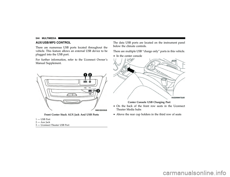 CHRYSLER PACIFICA HYBRID 2019 Owners Manual AUX/USB/MP3 CONTROL
There are numerous USB ports located throughout the
vehicle. This feature allows an external USB device to be
plugged into the USB port.
For further information, refer to the Uconn