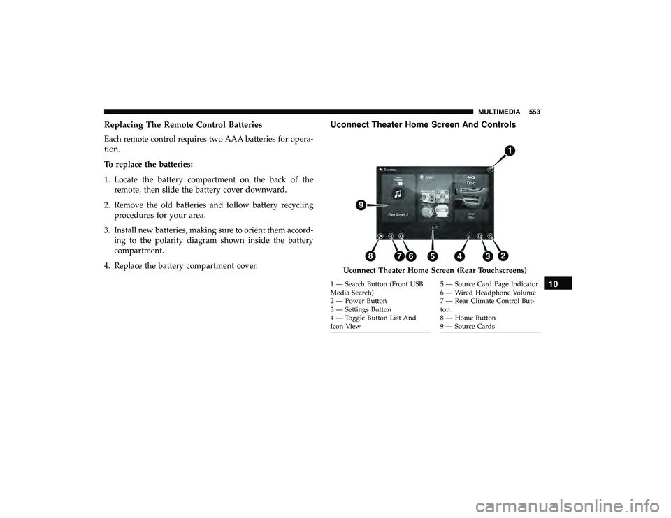 CHRYSLER PACIFICA HYBRID 2019  Owners Manual Replacing The Remote Control Batteries
Each remote control requires two AAA batteries for opera-
tion.
To replace the batteries:
1. Locate the battery compartment on the back of theremote, then slide 